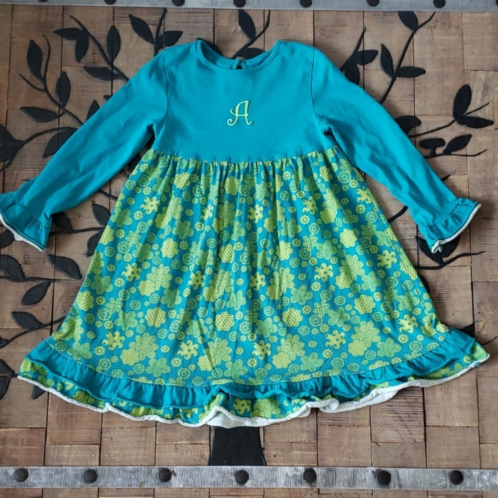 Monogramed "A" girls JK kids dress blue/green